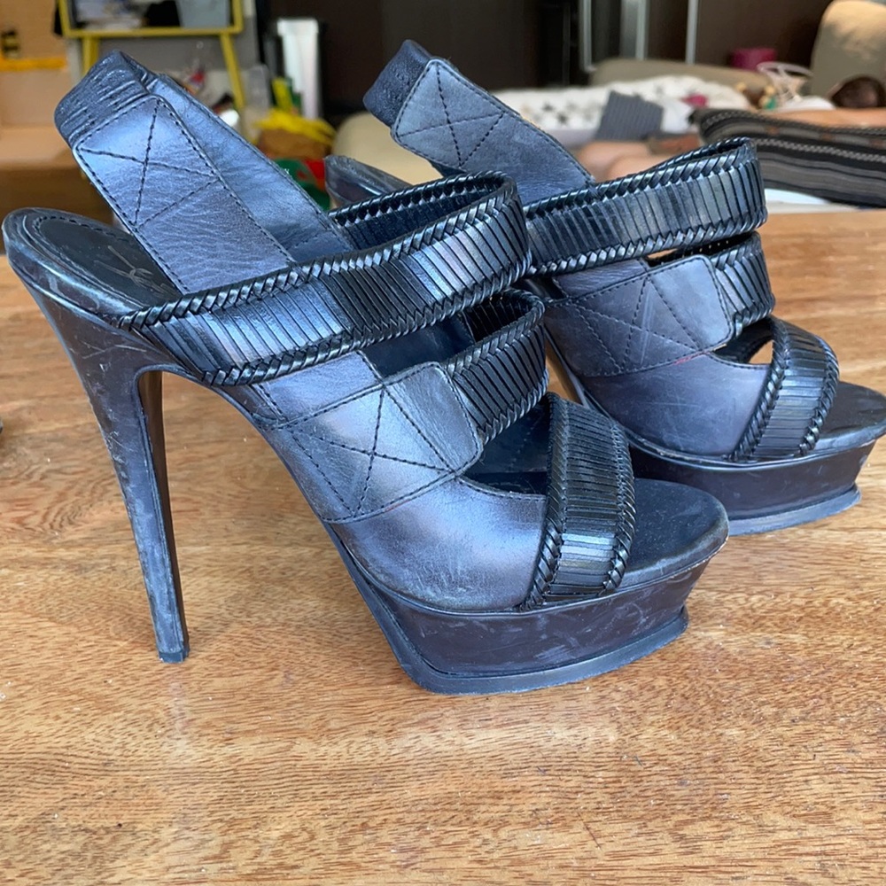 YSL black 3 strap leather platform sandals